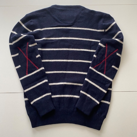 GANT Crew Neck Lambswool Navy Striped Sweater Padded Elbows Sz Large - Picture 7 of 16